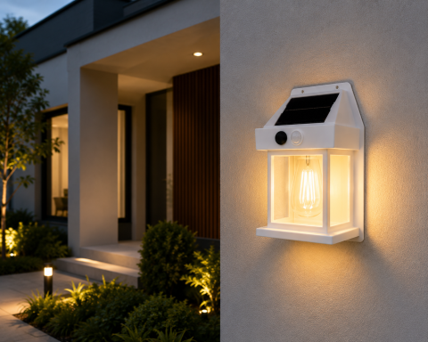 Lampă de fațadă solară, AVI®, 17.5 × 12 cm, 1W, 600 lm, acumulator 1800 mAh, lumină caldă, senzor de mișcare, AVI-5437 [1]