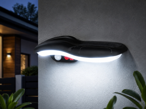 Aplice fatada - Lampă de fațadă solară, AVI®, 19.5 × 10 cm, încărcare solară sau USB-C, lumina rece, senzor de mișcare, lumină rece, moduri multiple de funcționare, AVI-5434