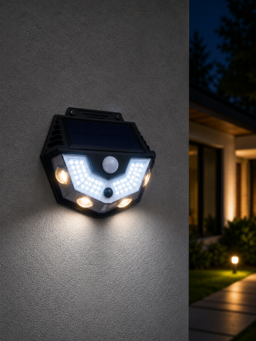 Aplice si plafoniere - Lampă de fațadă solară, AVI®, senzor de mișcare, moduri multiple de iluminare, lumină rece și caldă, 370 lm, acumulator 3.7V, 13 x 11 cm, negru, AVI-5435