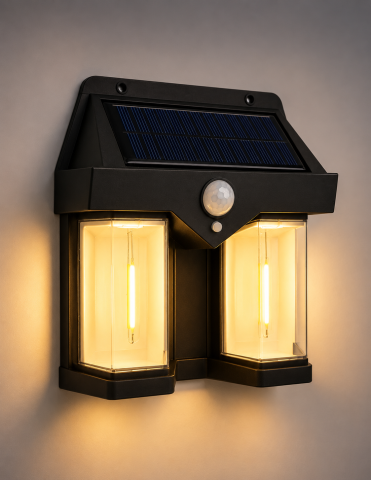 Aplice fatada - Lampă de fațadă solară dublă, AVI®, 15 × 14.5 cm, 2W, 1200 lm, acumulator 1800 mAh, lumină caldă, senzor de mișcare, AVI-5433