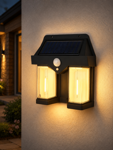 Lampă de fațadă solară dublă, AVI®, 15 × 14.5 cm, 2W, 1200 lm, acumulator 1800 mAh, lumină caldă, senzor de mișcare, AVI-5433 [1]