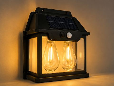 Casa - Lampă de fațadă solară dublă, AVI®, 17.5 x 18.5 cm, lumină caldă, senzor de mișcare, 600 lm, baterie 1800 mAh, 3 moduri, negru, AVI-5423