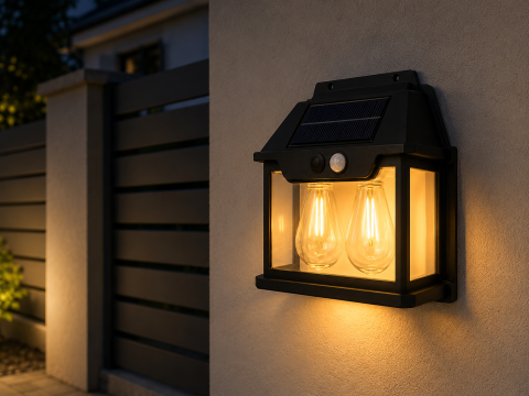 Lampă de fațadă solară dublă, AVI®, 17.5 x 18.5 cm, lumină caldă, senzor de mișcare, 600 lm, baterie 1800 mAh, 3 moduri, negru, AVI-5423 [4]