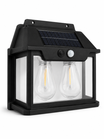 Lampă de fațadă solară dublă, AVI®, 17.5 x 18.5 cm, lumină caldă, senzor de mișcare, 600 lm, baterie 1800 mAh, 3 moduri, negru, AVI-5423 [2]