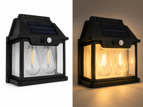 Lampă de fațadă solară dublă, AVI®, 17.5 x 18.5 cm, lumină caldă, senzor de mișcare, 600 lm, baterie 1800 mAh, 3 moduri, negru, AVI-5423 [1]