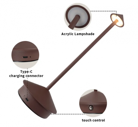Lampa de masa LED wireless, lampa de masa reglabila cu atingere reincarcabila, lampa portabila pentru interior/exterior pentru restaurant, bar, gradina, balcon, masa de dining, maro, AVI-4597 [3]