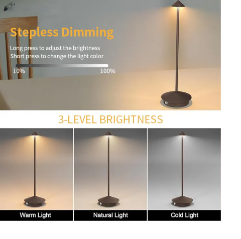 Lampa de masa LED wireless, lampa de masa reglabila cu atingere reincarcabila, lampa portabila pentru interior/exterior pentru restaurant, bar, gradina, balcon, masa de dining, maro, AVI-4597 [2]