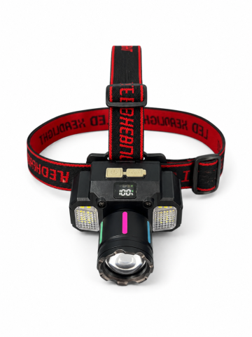 Lanternă de cap LED, AVI®, zoom, senzor de mișcare, display digital baterie, LED frontal și lumini laterale alb, roșu și albastru, acumulator 18650, USB-C, AVI-5424 [3]