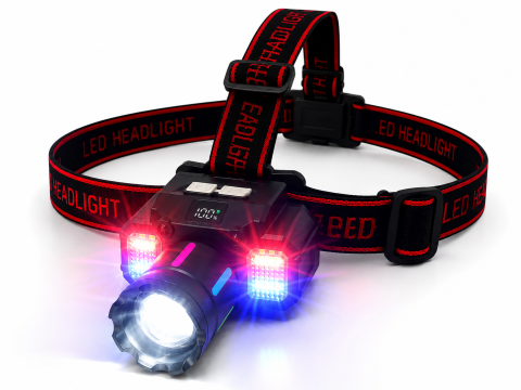Lanterne - Lanternă de cap LED, AVI®, zoom, senzor de mișcare, display digital baterie, LED frontal și lumini laterale alb, roșu și albastru, acumulator 18650, USB-C, AVI-5424