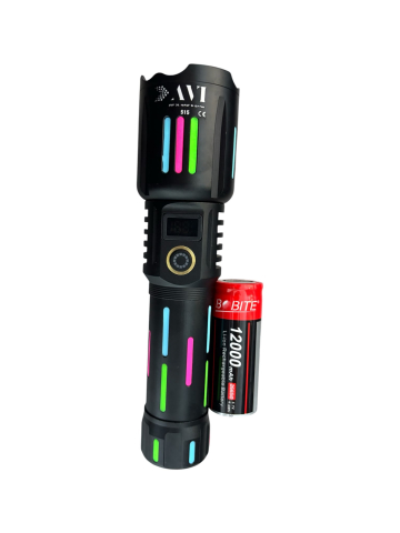 Lanternă de mână LED cu zoom, AVI®, acumulator 26650 12.000 mAh, USB-C, display digital baterie, funcție Power Bank, metalică, 19 cm, AVI-5415 [5]