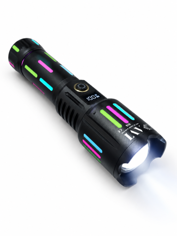 Lanterne - Lanternă de mână LED cu zoom, AVI®, acumulator 26650 12.000 mAh, USB-C, display digital baterie, funcție Power Bank, metalică, 19 cm, AVI-5415