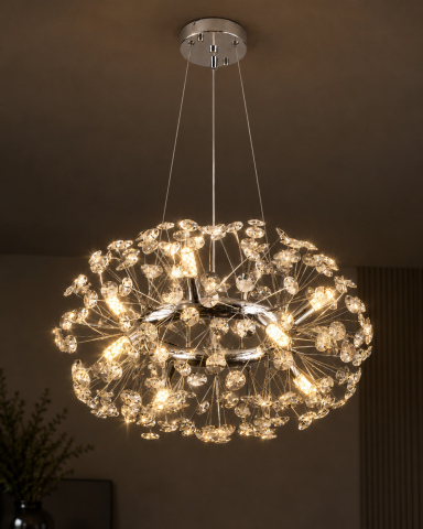 Casa - Lustră Crystal Dandelion, AVI®, Ø50 cm, 8 × G9, cristale multifatetate, schelet metalic cu inel argintiu/cromat, AVI-5558