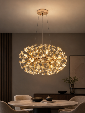 Lustră Crystal Dandelion Gold, AVI®, Ø50 cm, 8 × G9, cristale multifatetate, schelet metalic cu inel auriu, AVI-5556 [2]