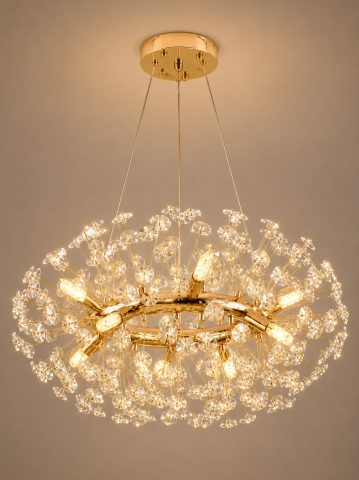 Casa - Lustră Crystal Dandelion Gold, AVI®, Ø50 cm, 8 × G9, cristale multifatetate, schelet metalic cu inel auriu, AVI-5556