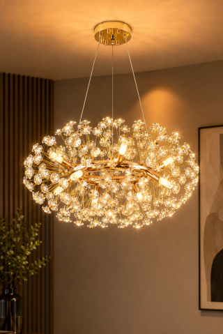 Lustre si pendule - Lustră Crystal Dandelion Gold, AVI®, Ø60 cm, 12 × G9, cristale multifatetate, schelet metalic cu inel auriu, AVI-5557