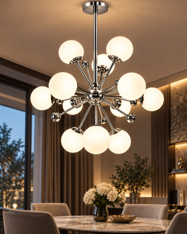 Lustra cu 12 globuri Ø13 cm, AVI®, 12 x E27, argintiu, structura radiala cu centru sferic si bile decorative, AVI-5591 [1]