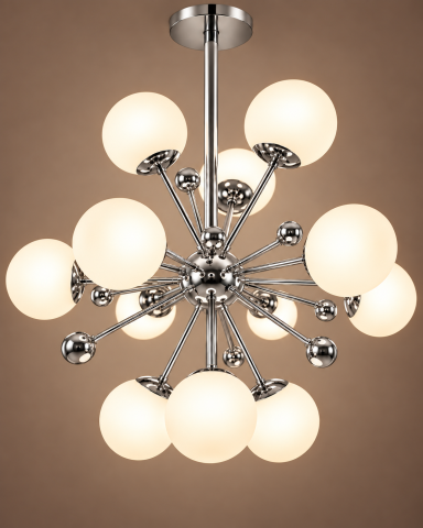 Lustre si pendule - Lustra cu 12 globuri Ø13 cm, AVI®, 12 x E27, argintiu, structura radiala cu centru sferic si bile decorative, AVI-5591
