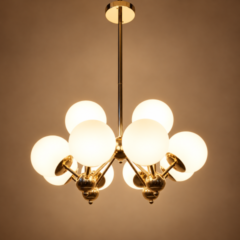 Casa - Lustră cu 12 globuri Ø13 cm, AVI®, 12 x E27, structură aurie cu brațe radiale și elemente sferice decorative, AVI-5611