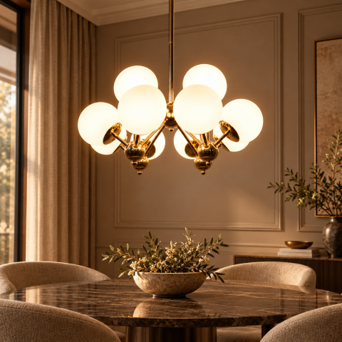 Lustră cu 12 globuri Ø13 cm, AVI®, 12 x E27, structură aurie cu brațe radiale și elemente sferice decorative, AVI-5611 [3]