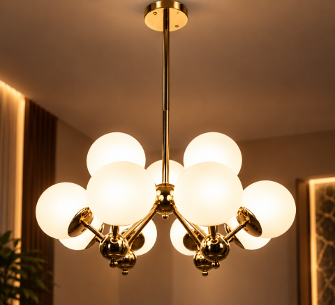 Lustră cu 12 globuri Ø13 cm, AVI®, 12 x E27, structură aurie cu brațe radiale și elemente sferice decorative, AVI-5611 [1]