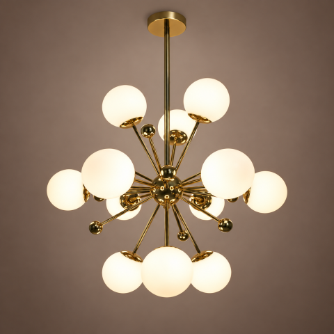 Lustră cu 12 globuri Ø13 cm, AVI®, 12 x E27, structură aurie cu centru sferic, brațe radiale și bile decorative, design modern tridimensional, AVI-5590 [3]