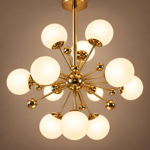Casa - Lustră cu 12 globuri Ø13 cm, AVI®, 12 x E27, structură aurie cu centru sferic, brațe radiale și bile decorative, design modern tridimensional, AVI-5590