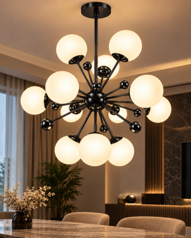 Lustra cu 12 globuri Ø13 cm, AVI®, 12 x E27, structura neagra cu centru sferic, brate radiale si bile decorative, AVI-5592 [2]