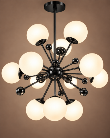 Casa - Lustra cu 12 globuri Ø13 cm, AVI®, 12 x E27, structura neagra cu centru sferic, brate radiale si bile decorative, AVI-5592