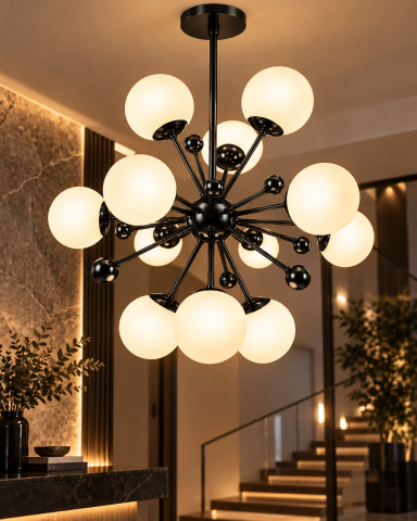 Lustra cu 12 globuri Ø13 cm, AVI®, 12 x E27, structura neagra cu centru sferic, brate radiale si bile decorative, AVI-5592 [1]