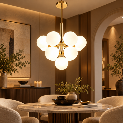 Lustră cu 13 globuri Ø13 cm, AVI®, 13 x E27, structură aurie cu centru decorativ și brațe radiale, design elegant, AVI-5621 [3]