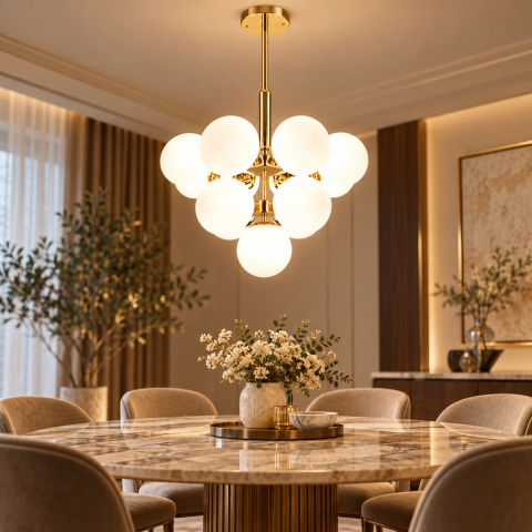 Lustră cu 13 globuri Ø13 cm, AVI®, 13 x E27, structură aurie cu centru decorativ și brațe radiale, design elegant, AVI-5621 [4]