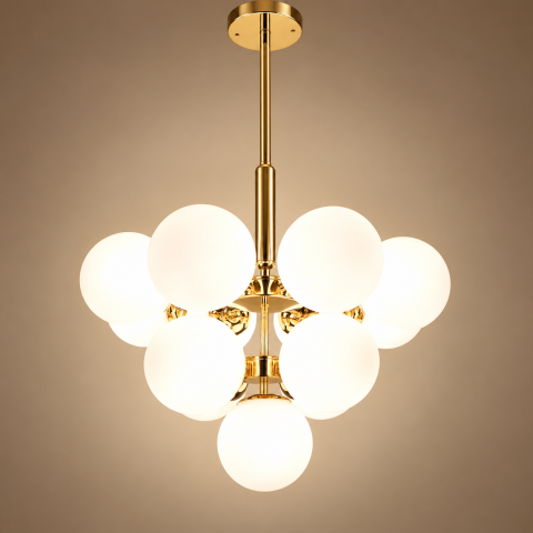 Casa - Lustră cu 13 globuri Ø13 cm, AVI®, 13 x E27, structură aurie cu centru decorativ și brațe radiale, design elegant, AVI-5621