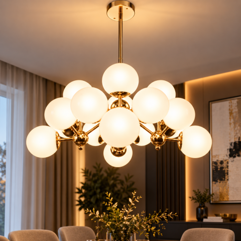 Lustră cu 16 globuri Ø13 cm, AVI®, 16 x E27, structură aurie cu brațe radiale și elemente sferice decorative, AVI-5612 [3]