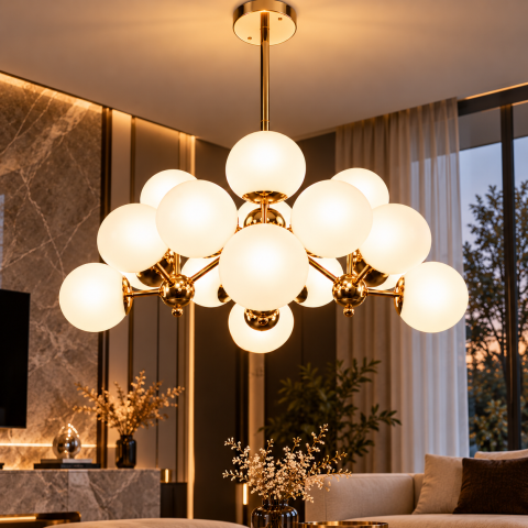 Lustră cu 16 globuri Ø13 cm, AVI®, 16 x E27, structură aurie cu brațe radiale și elemente sferice decorative, AVI-5612 [1]