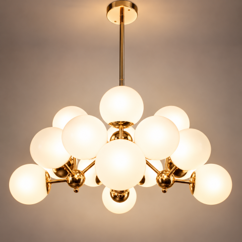 Casa - Lustră cu 16 globuri Ø13 cm, AVI®, 16 x E27, structură aurie cu brațe radiale și elemente sferice decorative, AVI-5612