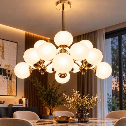 Lustră cu 16 globuri Ø13 cm, AVI®, 16 x E27, structură aurie cu brațe radiale și elemente sferice decorative, AVI-5612 [2]