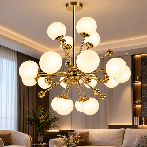 Lustra cu 18 globuri Ø13 cm, AVI®, 18 x E27, structura aurie cu centru sferic, brate radiale si bile decorative, design modern tridimensional, AVI-5593 [1]