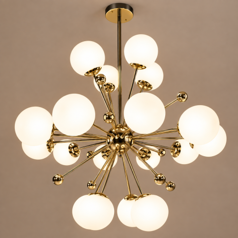 Lustre si pendule - Lustra cu 18 globuri Ø13 cm, AVI®, 18 x E27, structura aurie cu centru sferic, brate radiale si bile decorative, design modern tridimensional, AVI-5593