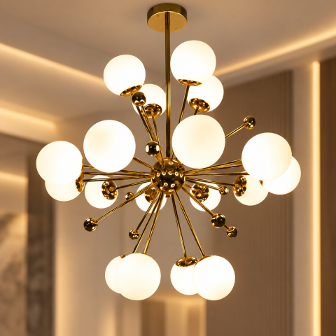 Lustra cu 18 globuri Ø13 cm, AVI®, 18 x E27, structura aurie cu centru sferic, brate radiale si bile decorative, design modern tridimensional, AVI-5593 [2]