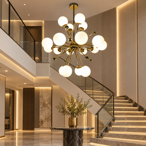Lustra cu 18 globuri Ø13 cm, AVI®, 18 x E27, structura aurie cu centru sferic, brate radiale si bile decorative, design modern tridimensional, AVI-5593 [3]