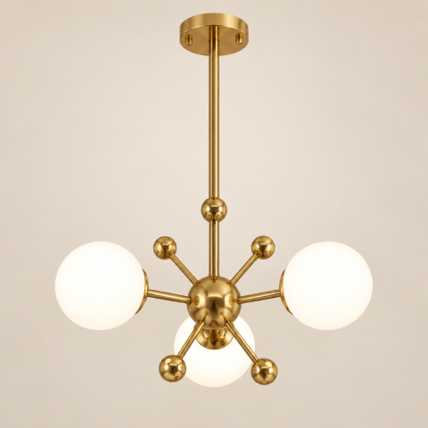 Casa - Lustră cu 3 globuri Ø13 cm, AVI®, 3 x E27, structură aurie cu centru sferic și accesorii decorative tip bilă, AVI-5585