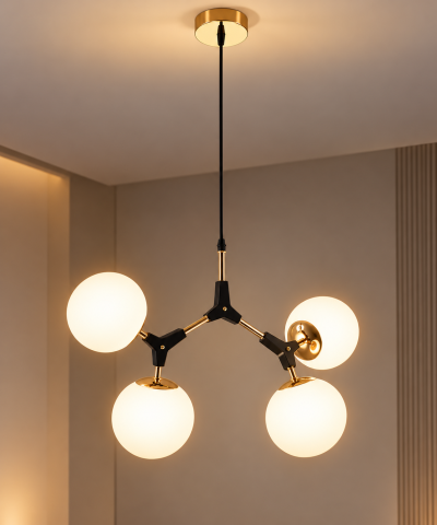 Lustre si pendule - Lustra cu 4 globuri Ø13 cm, AVI®, 4 x E27, structura auriu-negru cu brate articulate, design geometric modern, AVI-5614
