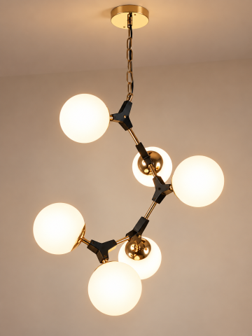 Lustre si pendule - Lustra cu 6 globuri Ø13 cm, AVI®, 6 x E27, structura auriu-negru cu design geometric suspendat, AVI-5615