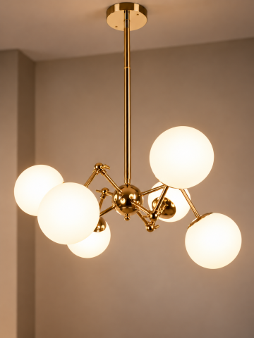 Lustre si pendule - Lustră cu 6 globuri Ø13 cm, AVI®, 6 x E27, schelet metalic auriu, centru sferic, brațe reglabile individual, design personalizabil, AVI-5583