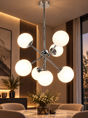 Lustra cu 7 globuri Ø13 cm, AVI®, 7 x E27, structura metalica argintie cu brate radiale, design modern decorativ, AVI-5596 [2]