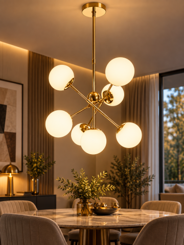 Lustră cu 7 globuri Ø13 cm, AVI®, 7 x E27, structură metalică aurie cu brațe radiale, design modern decorativ, AVI-5595 [3]