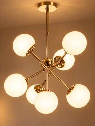 Lustre si pendule - Lustră cu 7 globuri Ø13 cm, AVI®, 7 x E27, structură metalică aurie cu brațe radiale, design modern decorativ, AVI-5595