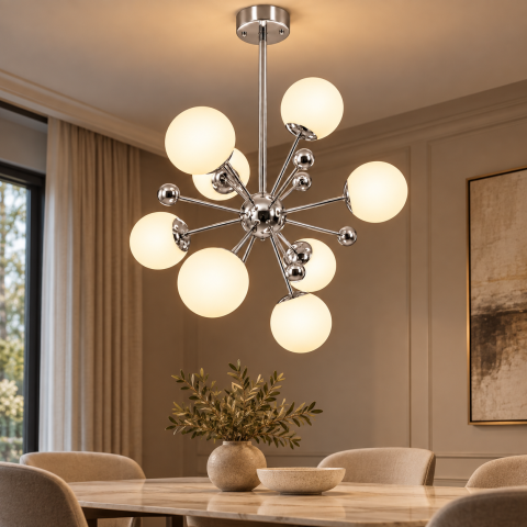 Lustra cu 8 globuri Ø13 cm, AVI®, 8 x E27, structura argintie cu centru sferic si brate radiale, design modern decorativ, AVI-5588 [2]