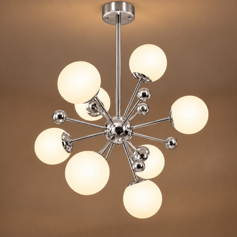 Casa - Lustra cu 8 globuri Ø13 cm, AVI®, 8 x E27, structura argintie cu centru sferic si brate radiale, design modern decorativ, AVI-5588