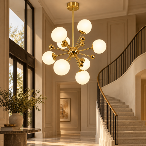 Lustra cu 8 globuri Ø13 cm, AVI®, 8 x E27, structura aurie cu centru sferic si brate radiale, design modern decorativ, AVI-5587 [1]